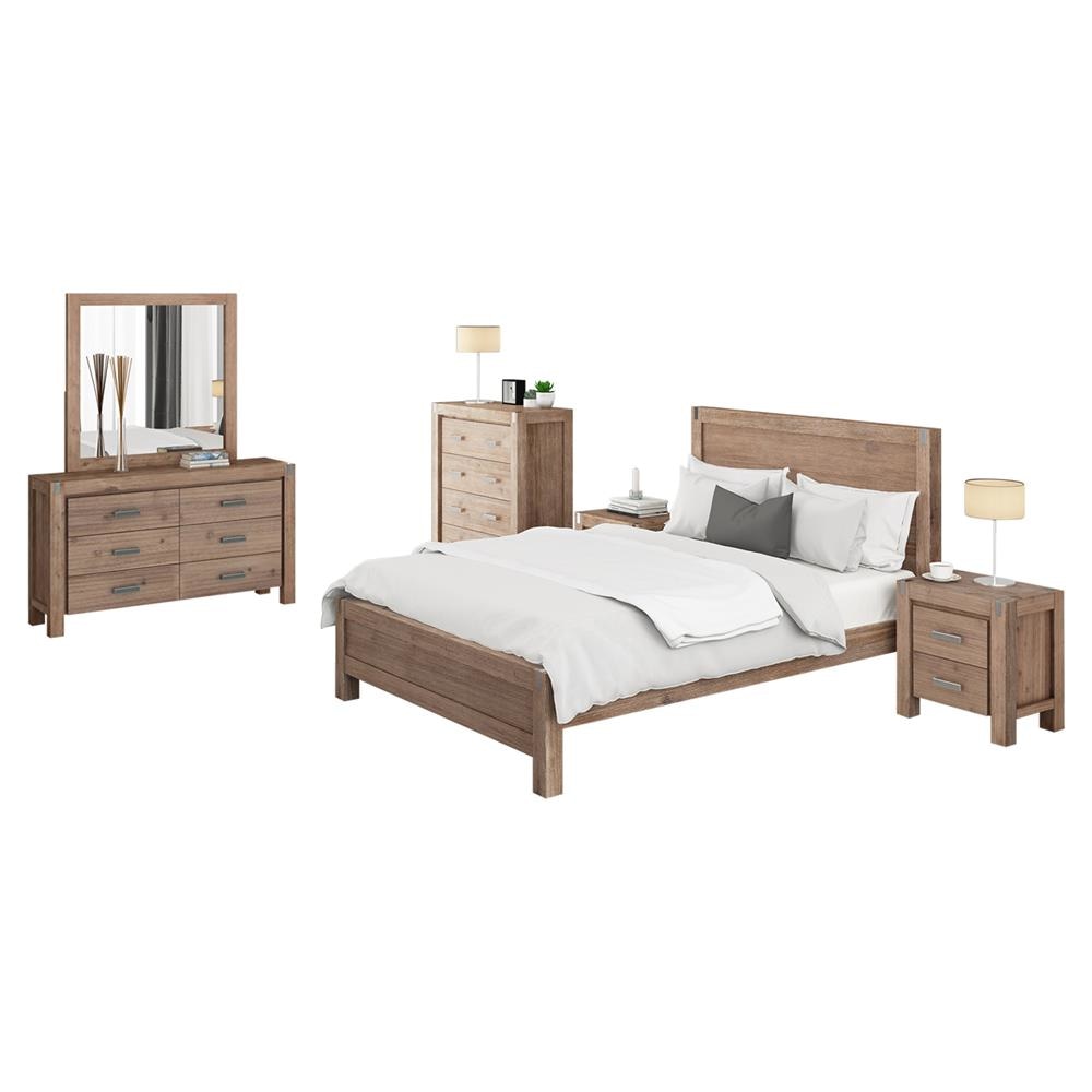 5 Pieces Bedroom Suite in Solid Wood Veneered Acacia Construction Timber Slat Double Size Oak Colour Bed Bedside Table Tallboy & Dresser