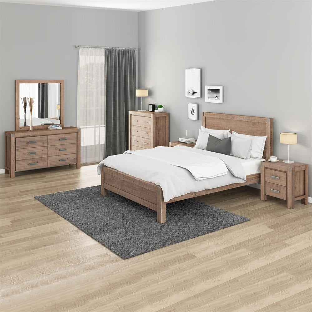 5 Pieces Bedroom Suite in Solid Wood Veneered Acacia Construction Timber Slat Double Size Oak Colour Bed Bedside Table Tallboy & Dresser