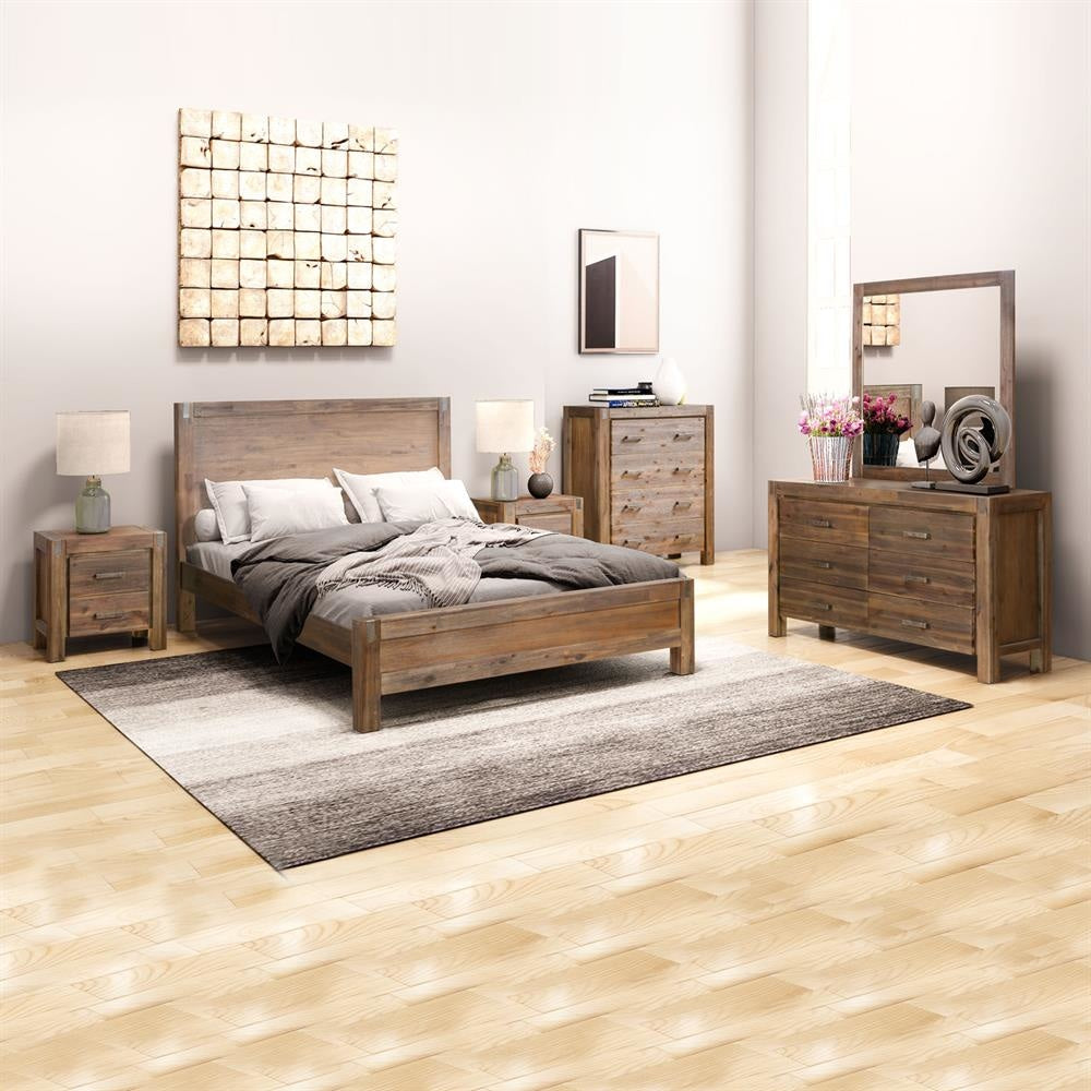 5 Pieces Bedroom Suite in Solid Wood Veneered Acacia Construction Timber Slat King Size Chocolate Colour Bed Bedside Table Tallboy &