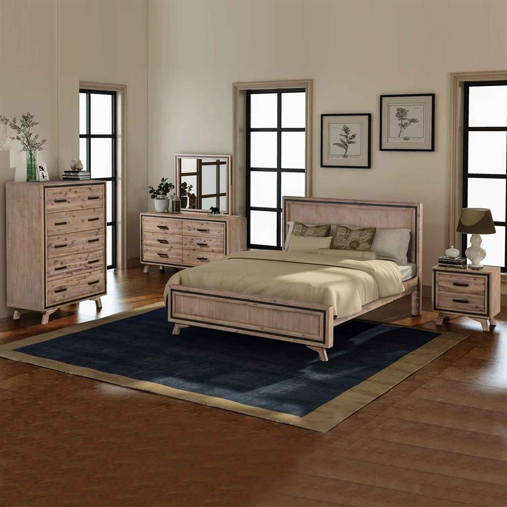 5 Pieces Bedroom Suite King Size Silver Brush in Acacia Wood Construction Bed Bedside Table Tallboy & Dresser Fast shipping On sale