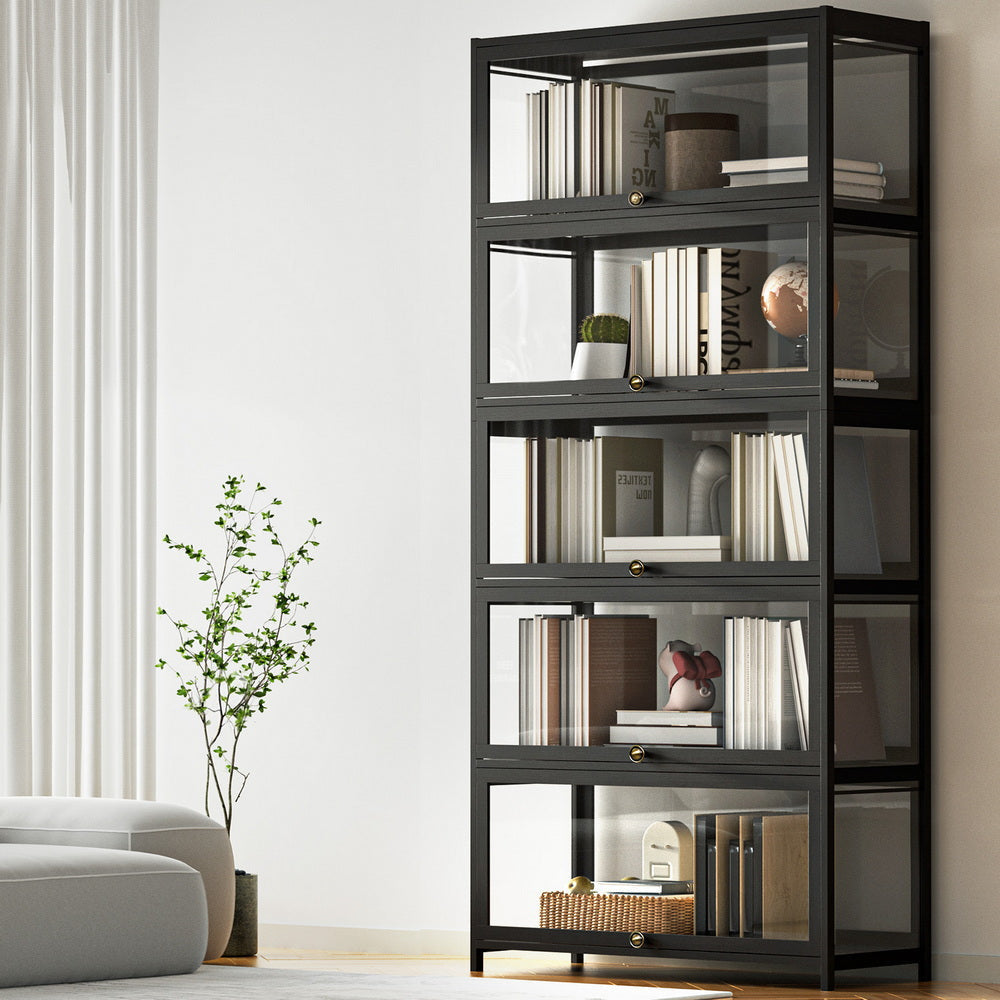 5-Tier Display Cabinet Storage Bookshelf Clear Shelf Black Bookcase Fast shipping On sale