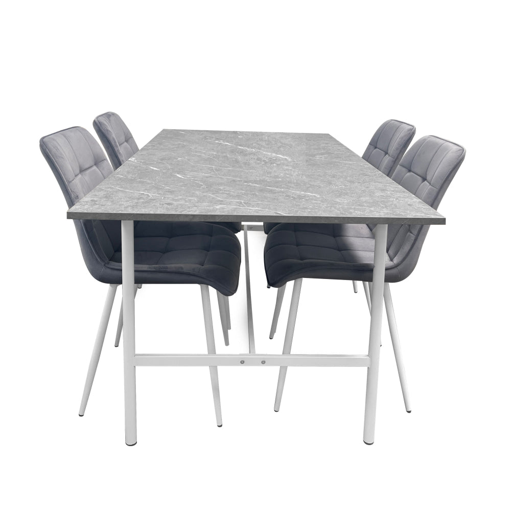 5Pc Dining Set Gemma Rectangular Marble Look Table 160cm W/ 4Pc Loma Velvet Chair Grey Fast shipping On sale