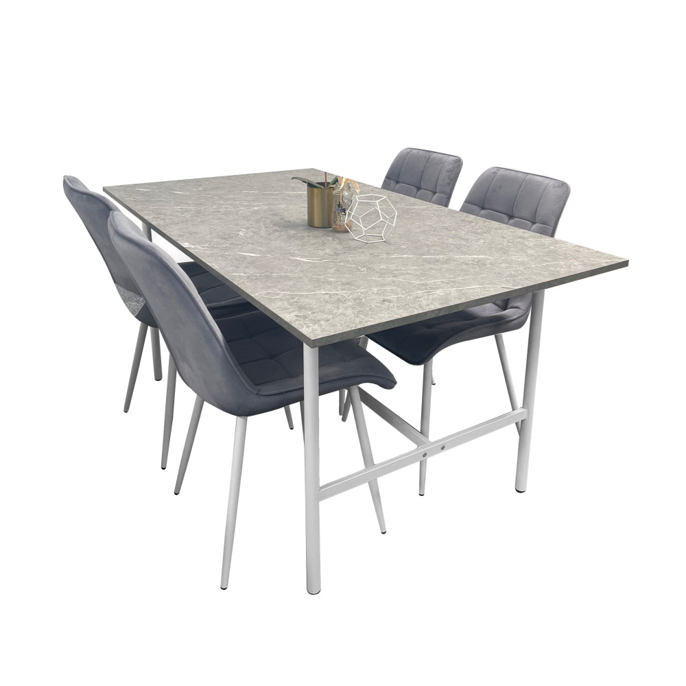 5Pc Dining Set Gemma Rectangular Marble Look Table 160cm W/ 4Pc Loma Velvet Chair Grey Fast shipping On sale