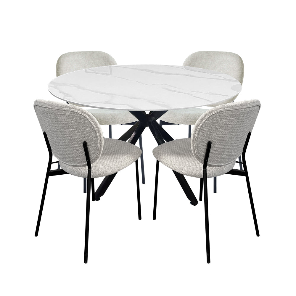 5Pc Dining Set Harper Round Marble Look Table 120cm White W/ 4Pc Archie Fabric Chair Coconut Fast shipping On sale