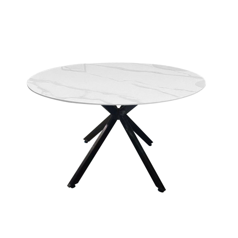 5Pc Dining Set Harper Round Marble Look Table 120cm White W/ 4Pc Archie Fabric Chair Coconut Fast shipping On sale