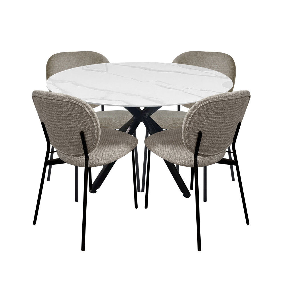 5Pc Dining Set Harper Round Marble Look Table 120cm White W/ 4Pc Archie Fabric Chair Latte Fast shipping On sale