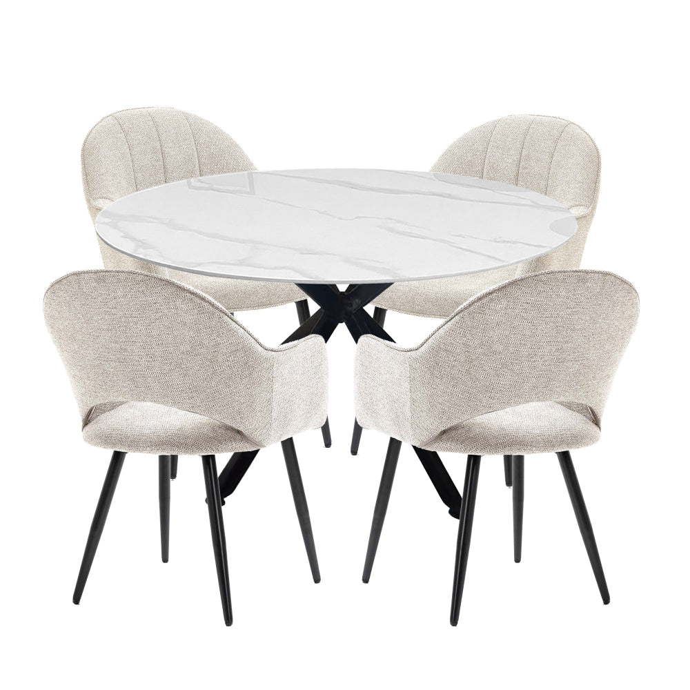 5Pc Dining Set Harper Round Marble Look Table 120cm White W/ 4Pc Luka Fabric Chair Coconut Fast shipping On sale