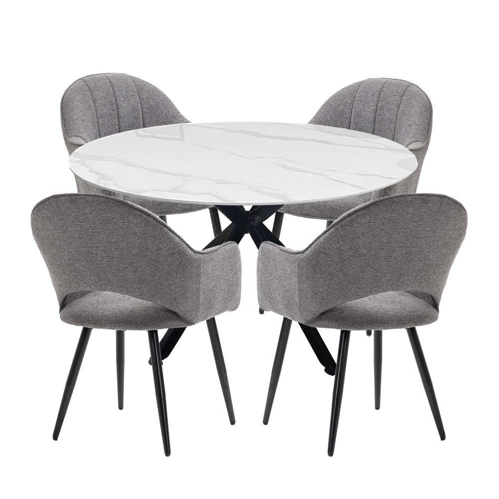 5Pc Dining Set Harper Round Marble Look Table 120cm White W/ 4Pc Luka Fabric Chair Grey Fast shipping On sale