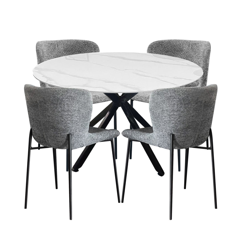 5Pc Dining Set Harper Round Marble Look Table 120cm White W/ 4Pc Sonata Fabric Chair Grey Fast shipping On sale