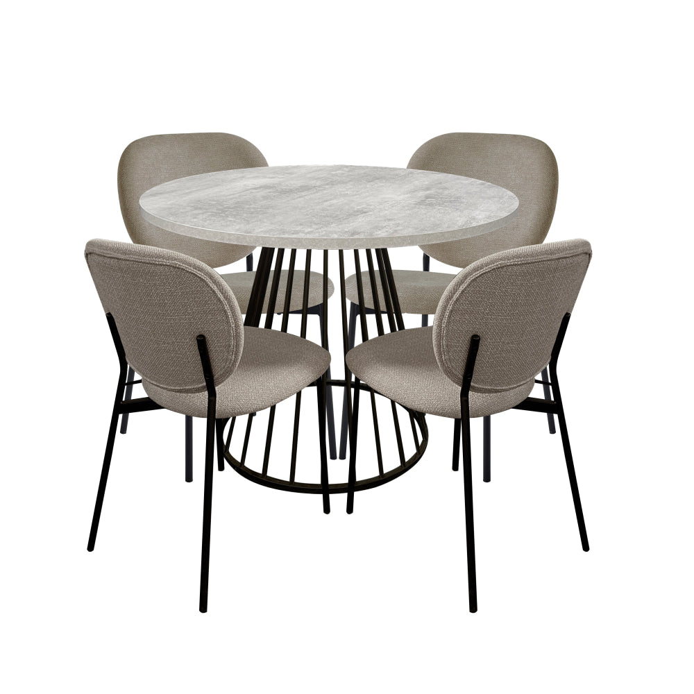 5Pc Dining Set Matilda Round Table 110cm Faux Cement W/ 4Pc Archie Fabric Chair Latte Fast shipping On sale