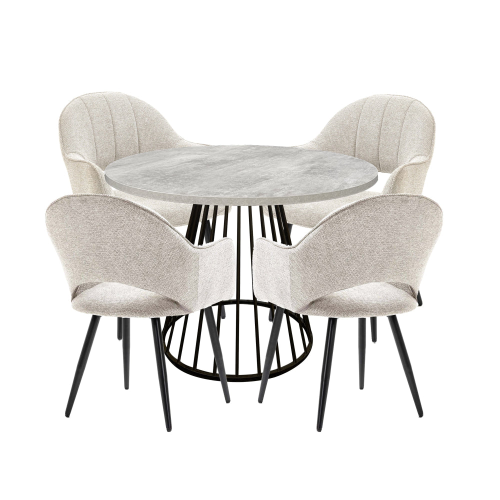 5Pc Dining Set Matilda Round Table 110cm Faux Cement W/ 4Pc Luka Fabric Chair Coconut Fast shipping On sale