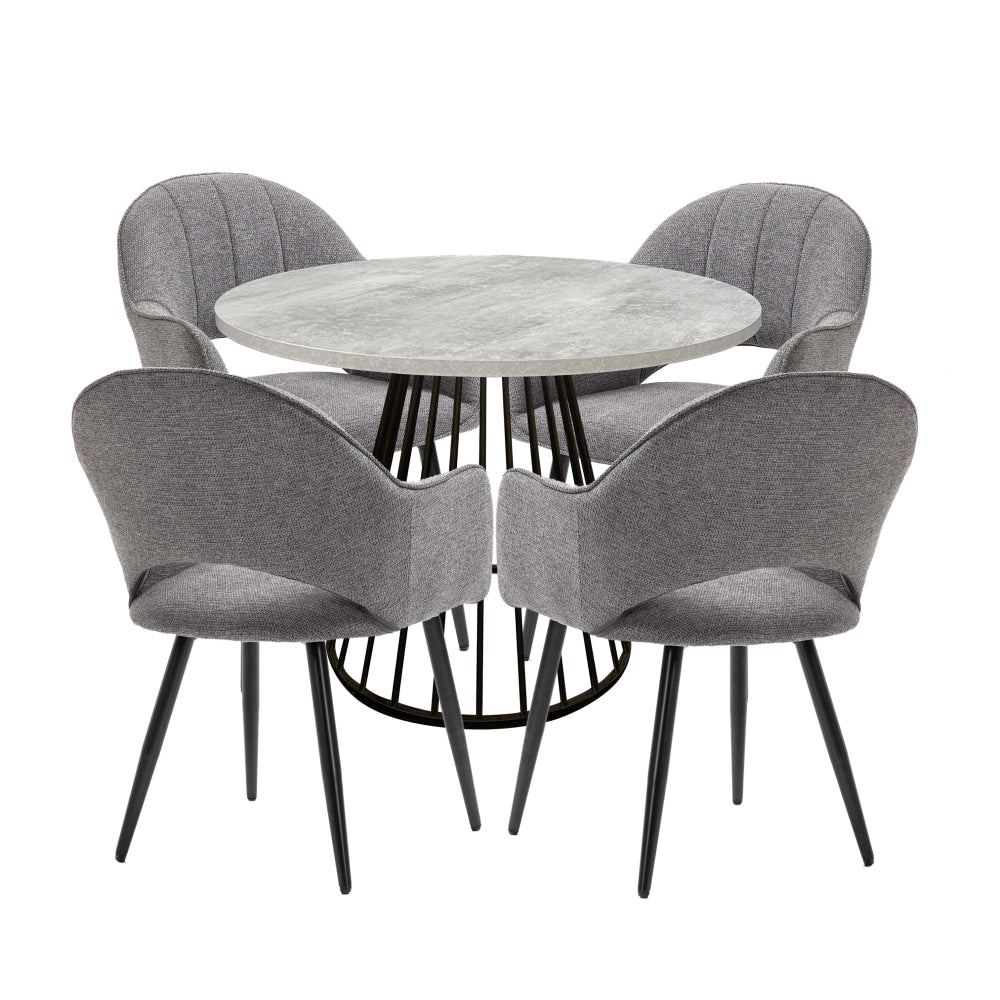 5Pc Dining Set Matilda Round Table 110cm Faux Cement W/ 4Pc Luka Fabric Chair Grey Fast shipping On sale