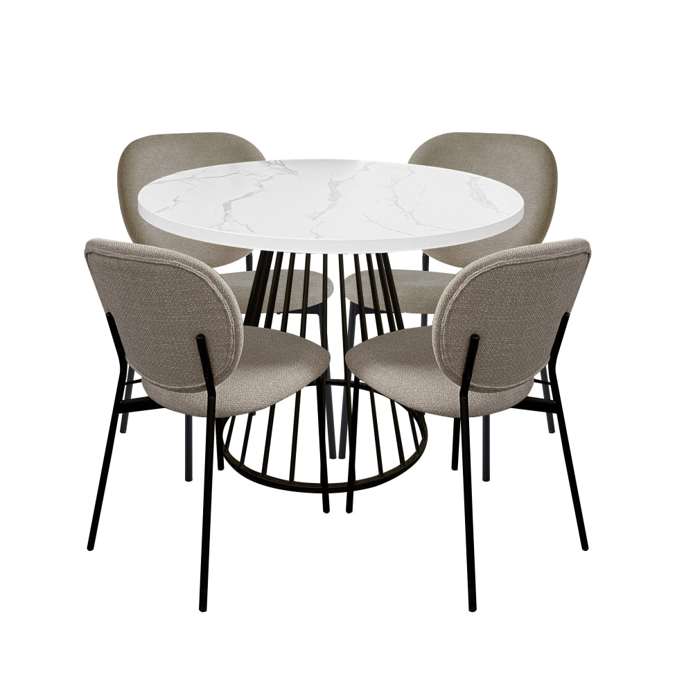 5Pc Dining Set Matilda Round Table 110cm Faux Marble W/ 4Pc Archie Fabric Chair Latte Fast shipping On sale