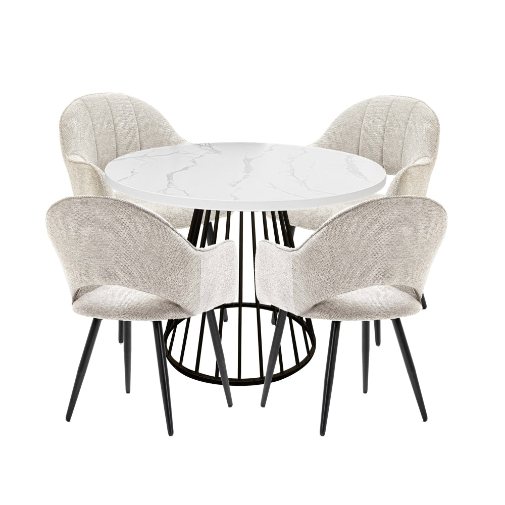 5Pc Dining Set Matilda Round Table 110cm Faux Marble W/ 4Pc Luka Fabric Chair Coconut Fast shipping On sale