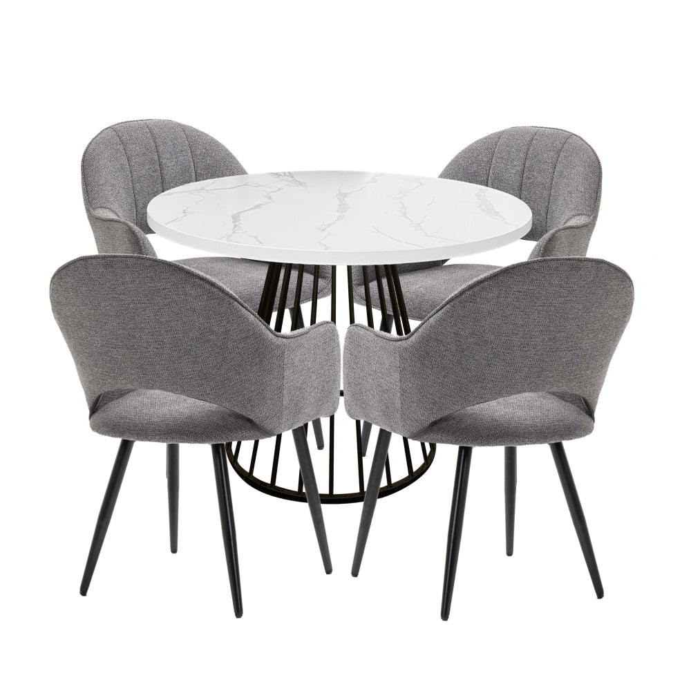 5Pc Dining Set Matilda Round Table 110cm Faux Marble W/ 4Pc Luka Fabric Chair Grey Fast shipping On sale