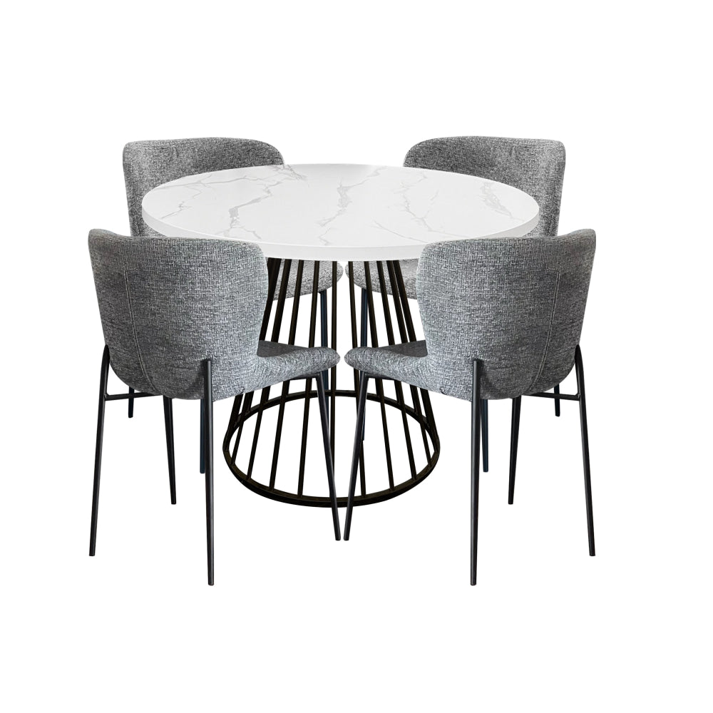 5Pc Dining Set Matilda Round Table 110cm Faux Marble W/ 4Pc Sonata Fabric Chair Grey Fast shipping On sale