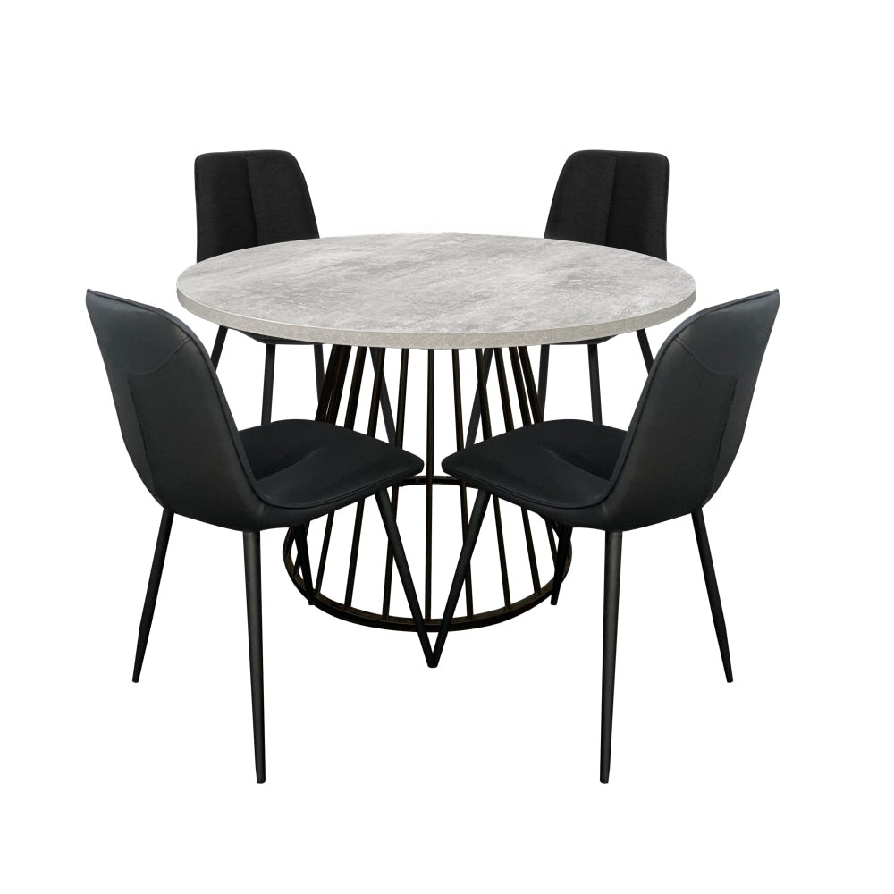 5Pc Dining Set Matilda Round Table 11cm Faux Cement Top W/ 4Pc Barley Leather Chairs Black Fast shipping On sale