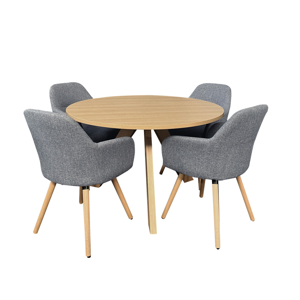 5Pc Dining Set Morrison Round Table 120cm Natural W/ 4Pc Milan Fabric Chair Grey Fast shipping On sale