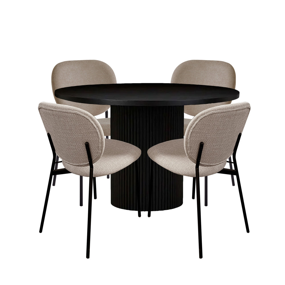 5Pc Dining Set Sona Round Table 120cm Black W/ 4Pc Archie Fabric Chair Lattte Fast shipping On sale