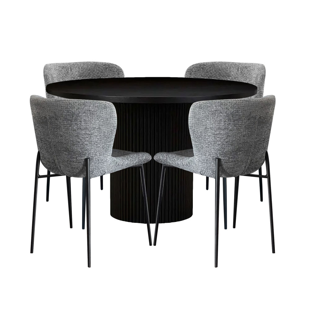 5Pc Dining Set Sona Round Table 120cm Black W/ 4Pc Fabric Chair Grey Fast shipping On sale