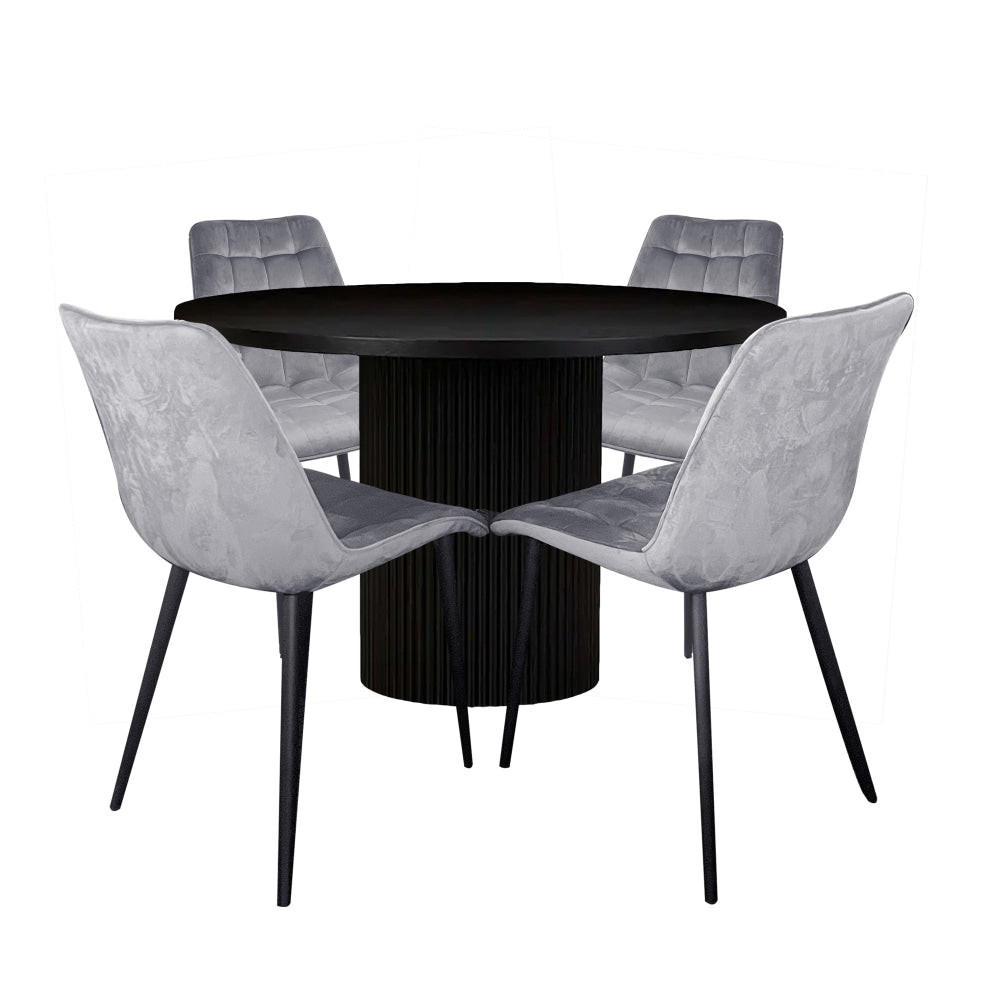 5Pc Dining Set Sona Round Table 120cm Black W/ 4Pc Loma Velvet Chair Grey Fast shipping On sale