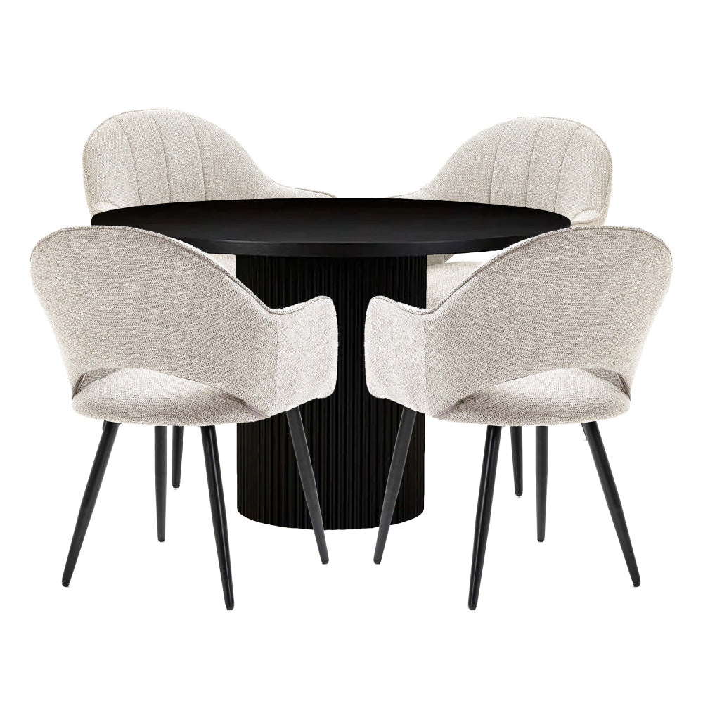 5Pc Dining Set Sona Round Table 120cm Black W/ 4Pc Luka Fabric Chair Coconut Fast shipping On sale