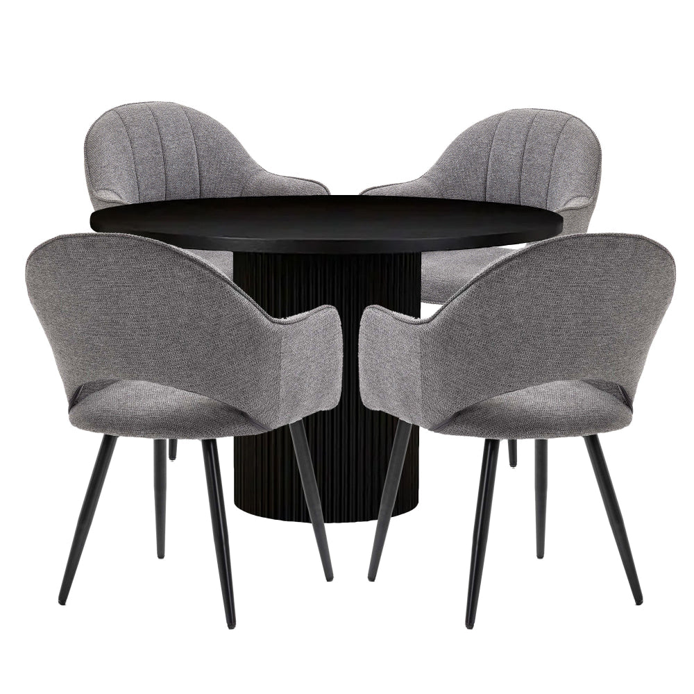 5Pc Dining Set Sona Round Table 120cm Black W/ 4Pc Luka Fabric Chair Grey Fast shipping On sale