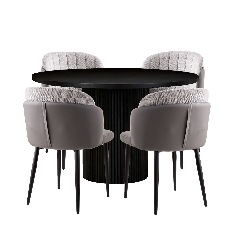 5Pc Dining Set Sona Round Table 120cm Black W/ 4Pc Royale Fabric Chair Grey Fast shipping On sale