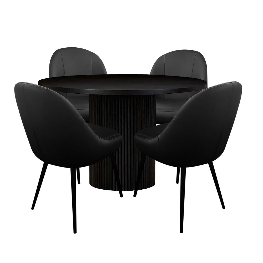 5Pc Dining Set Sona Round Table 120cm Black W/ 4Pc Soon PU Leather Chair Fast shipping On sale