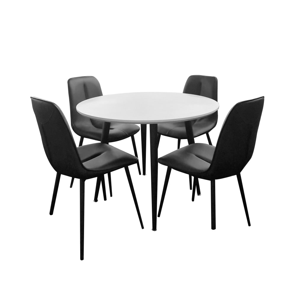 5Pcs Dining Set Lumy Round Table 100cm White W/ 4x Barley Faux Leather Chair Black Fast shipping On sale