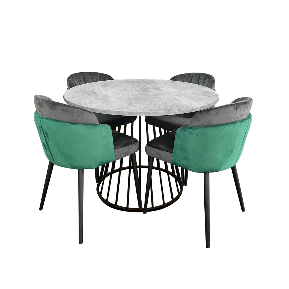 5Pcs Dining Set Matilda Round Faux Cement Table 110cm W/ 4x Royale Chair Velvet Green Fast shipping On sale