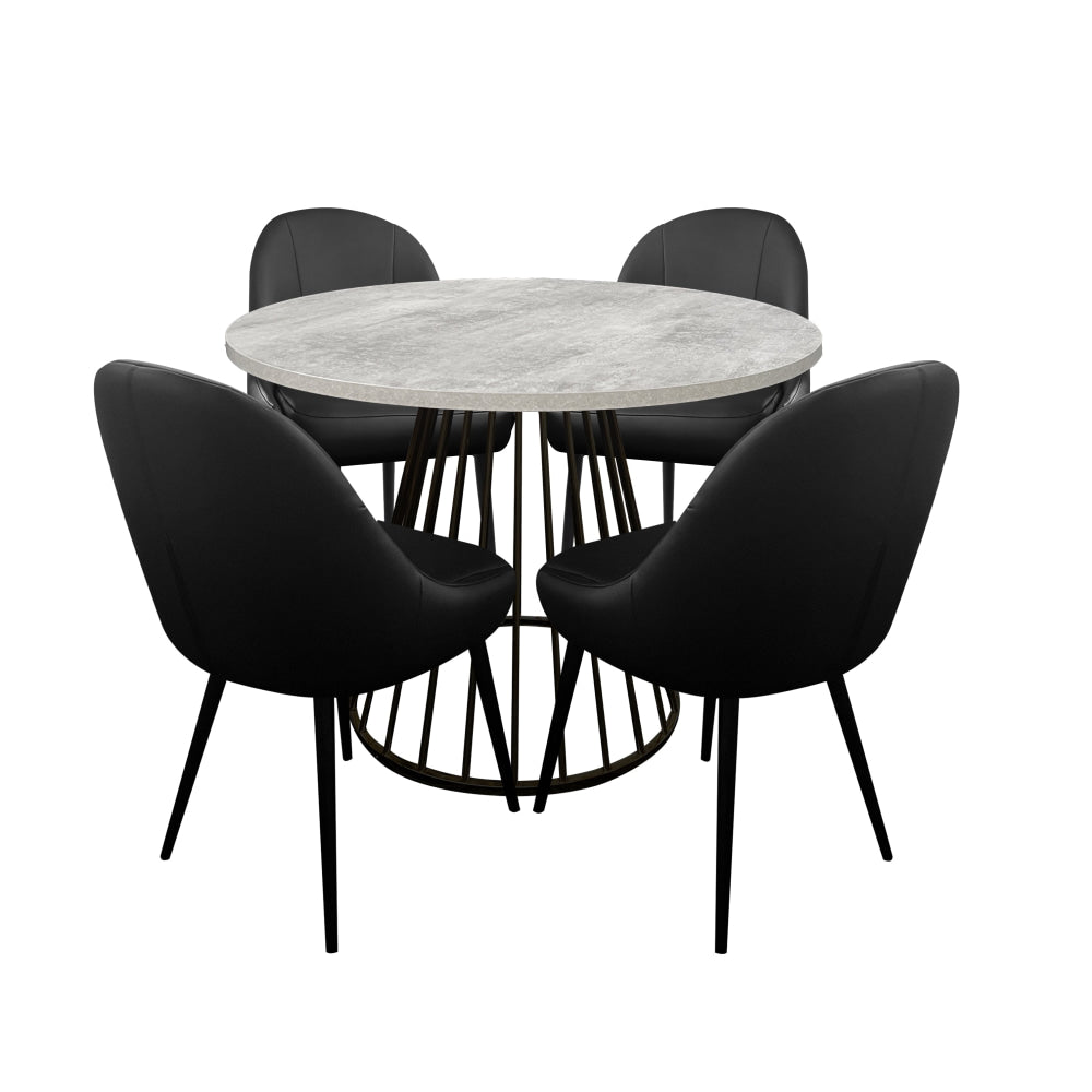 5Pcs Dining Set Matilda Round Faux Cement Table 110cm W/ 4x Soon Chair Black PU Fast shipping On sale