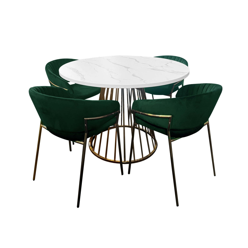 5Pcs Dining Set Matilda Round Faux Marble Table 110cm White Gold Legs W/ 4x Lex Chair Velvet Green Fast shipping On sale