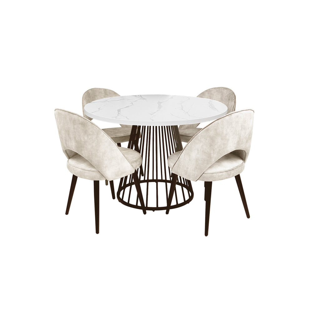 5Pcs Dining Set Matilda Round Faux Marble Table 110cm White W/ 4x Paxton Chair Velvet Beige Fast shipping On sale