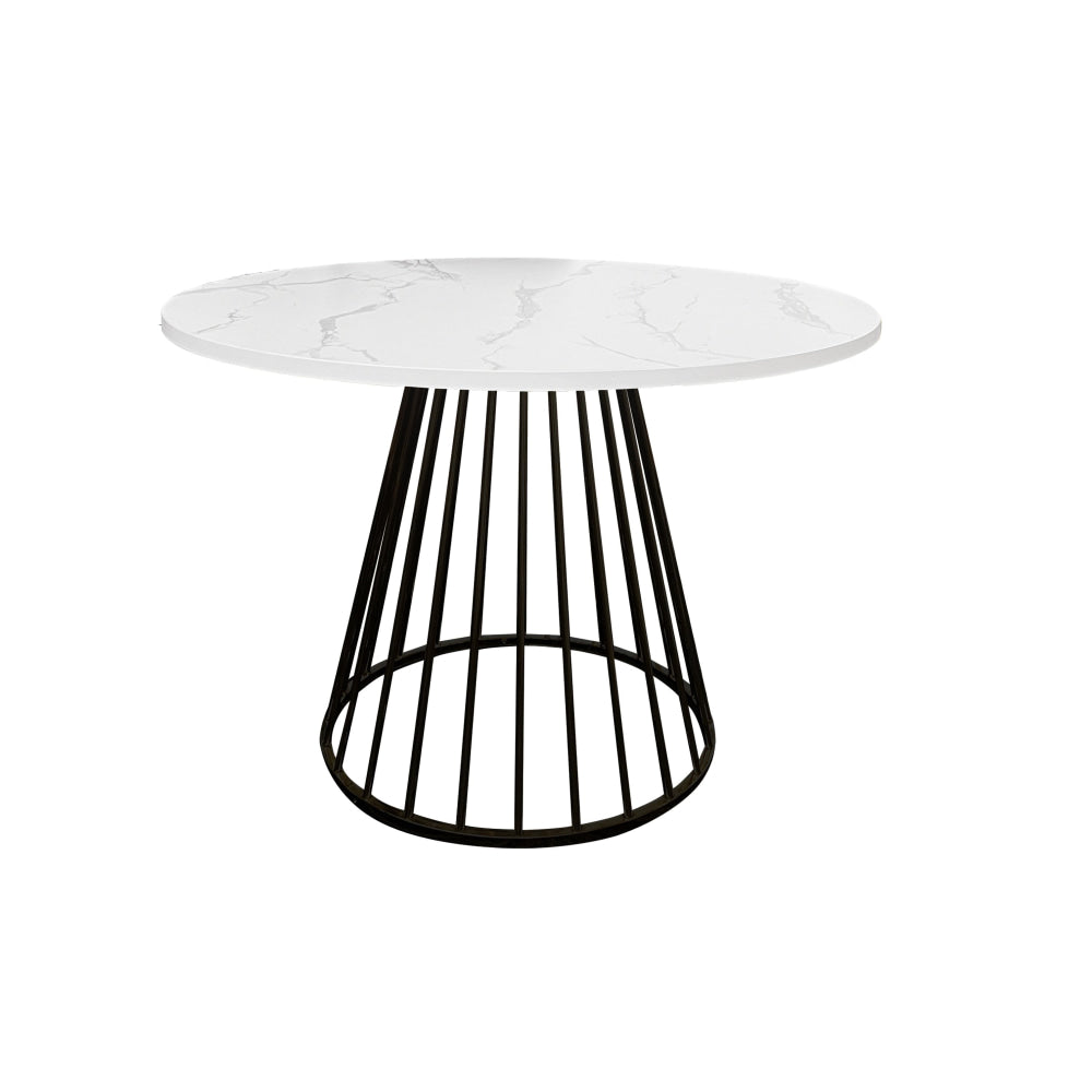 5Pcs Dining Set Matilda Round Faux Marble Table 110cm White W/ 4x Soon Chair in Black PU Fast shipping On sale
