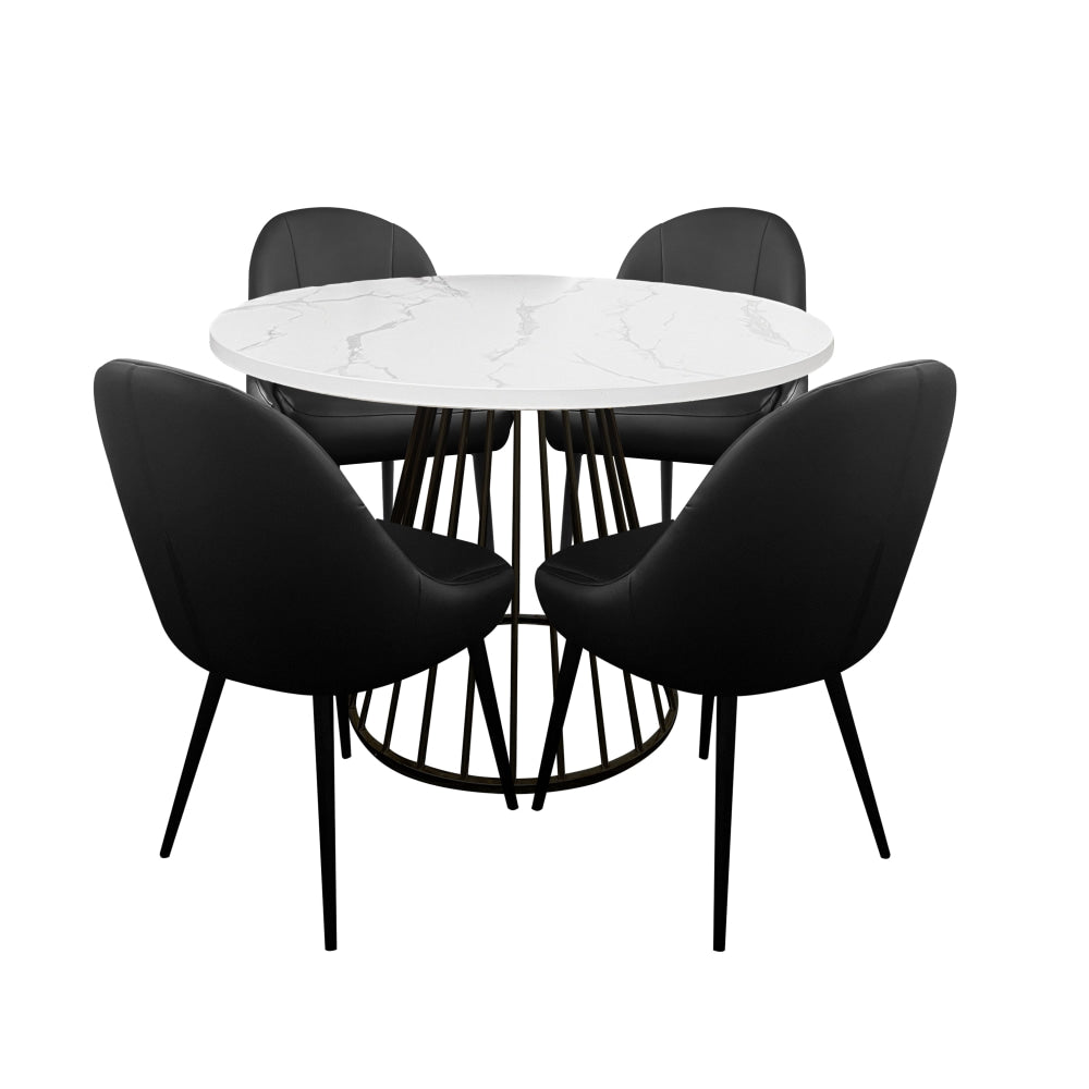5Pcs Dining Set Matilda Round Faux Marble Table 110cm White W/ 4x Soon Chair in Black PU Fast shipping On sale