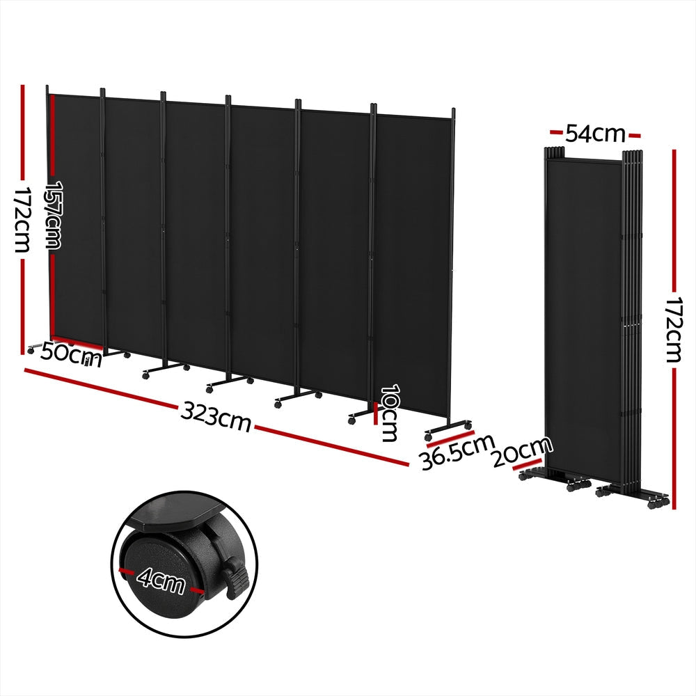 6 Panel Room Divider Screen 323cm Wheel Fabric Black Fast shipping On sale