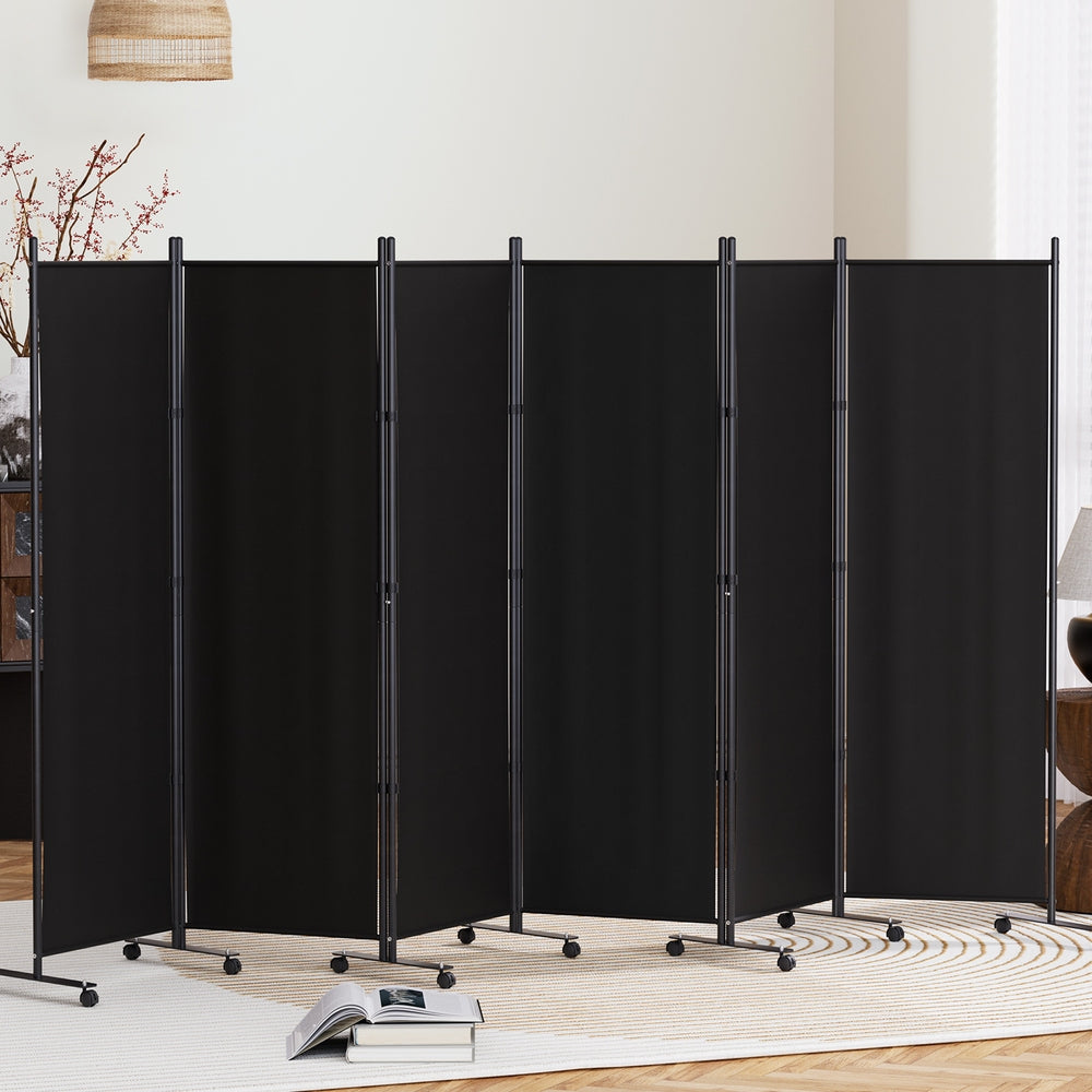 6 Panel Room Divider Screen 323cm Wheel Fabric Black Fast shipping On sale