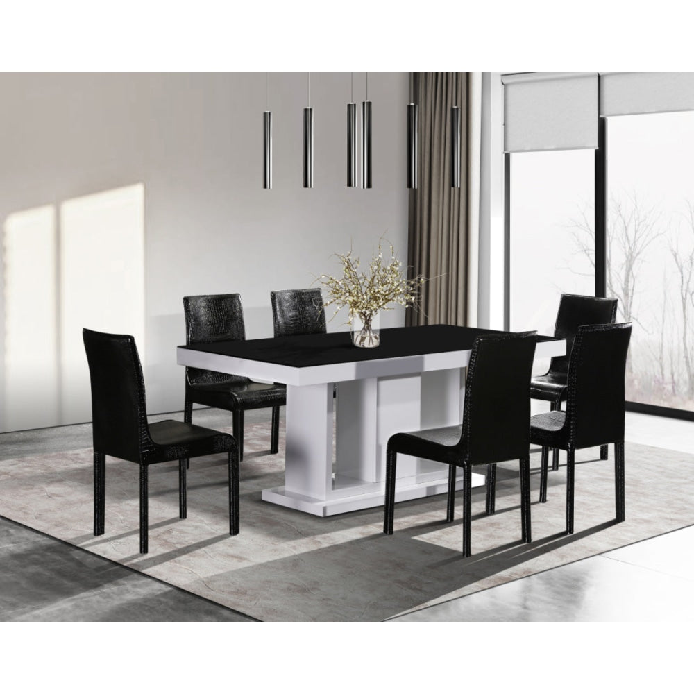 7 Pieces Dining Suite Table & 6X Black Chairs in Rectangular Shape High Glossy MDF Wooden Base Combination of White Colour Set Fast