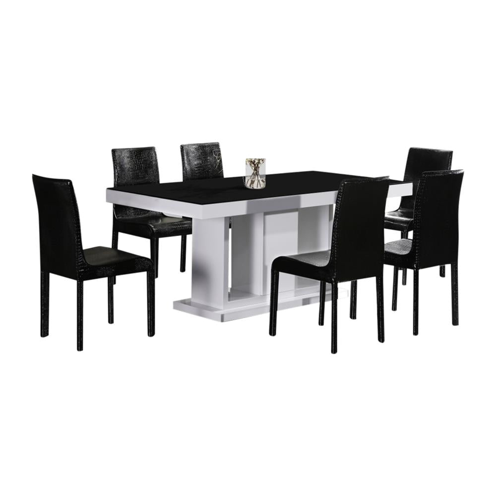 7 Pieces Dining Suite Table & 6X Black Chairs in Rectangular Shape High Glossy MDF Wooden Base Combination of White Colour Set Fast