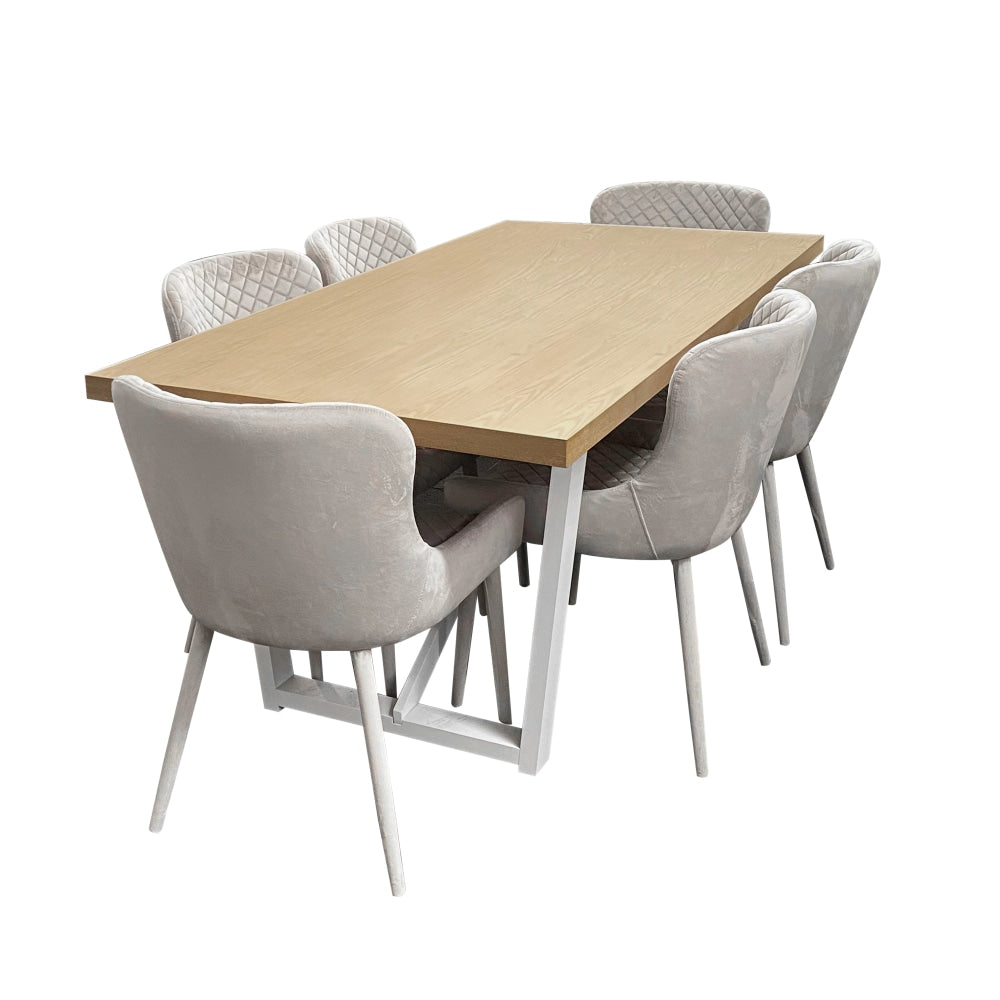 7Pc Dining Set Havana Rectangle Table 180cm Natural W/ 6Pc Corrie Velvet Chair Grey Fast shipping On sale
