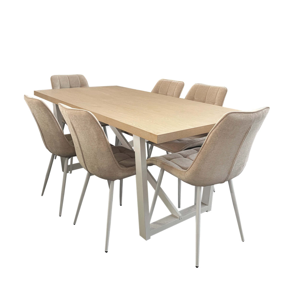 7Pc Dining Set Havana Rectangular Table 180cm W/ 6Pc Loma Fabric Chair Beige Fast shipping On sale