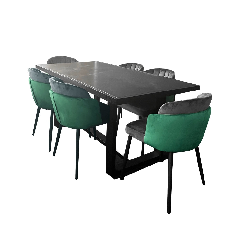 7Pc Dining Set Perry Rectangle Table 180cm Black Herringbone Pattern W/ 6Pc Royale Velvet Chairs Green Fast shipping On sale