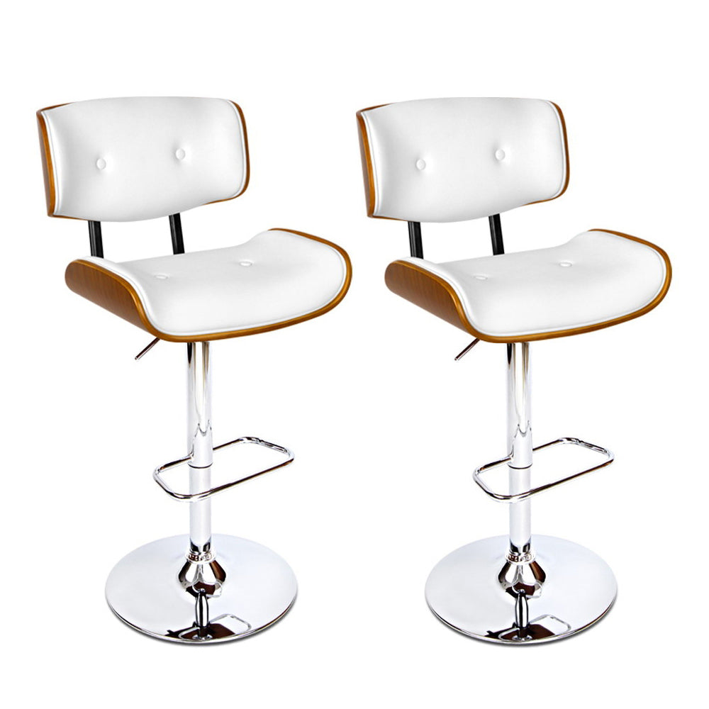 Set of 2 Wooden Gas Lift Bar Stool - White and Chrome