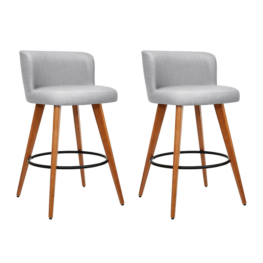 Set of 2 Wooden Fabric Bar Stools Circular Footrest - Light Grey