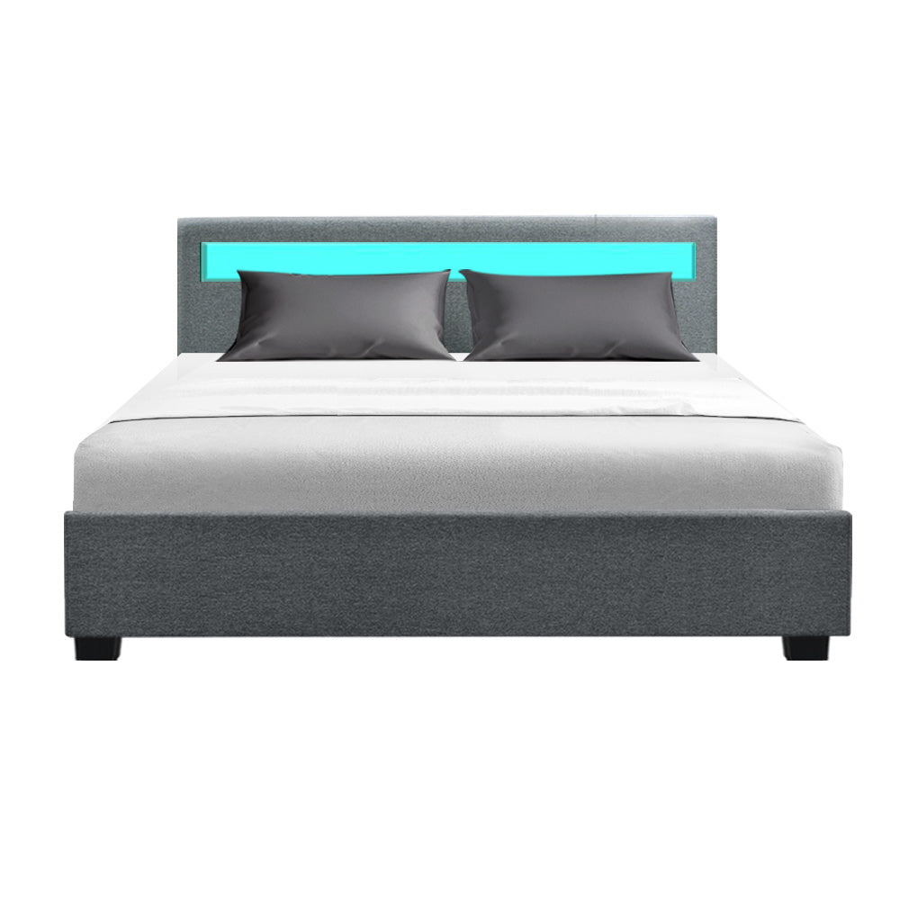 Cole LED Bed Frame Fabric Gas Lift Storage - Grey Queen