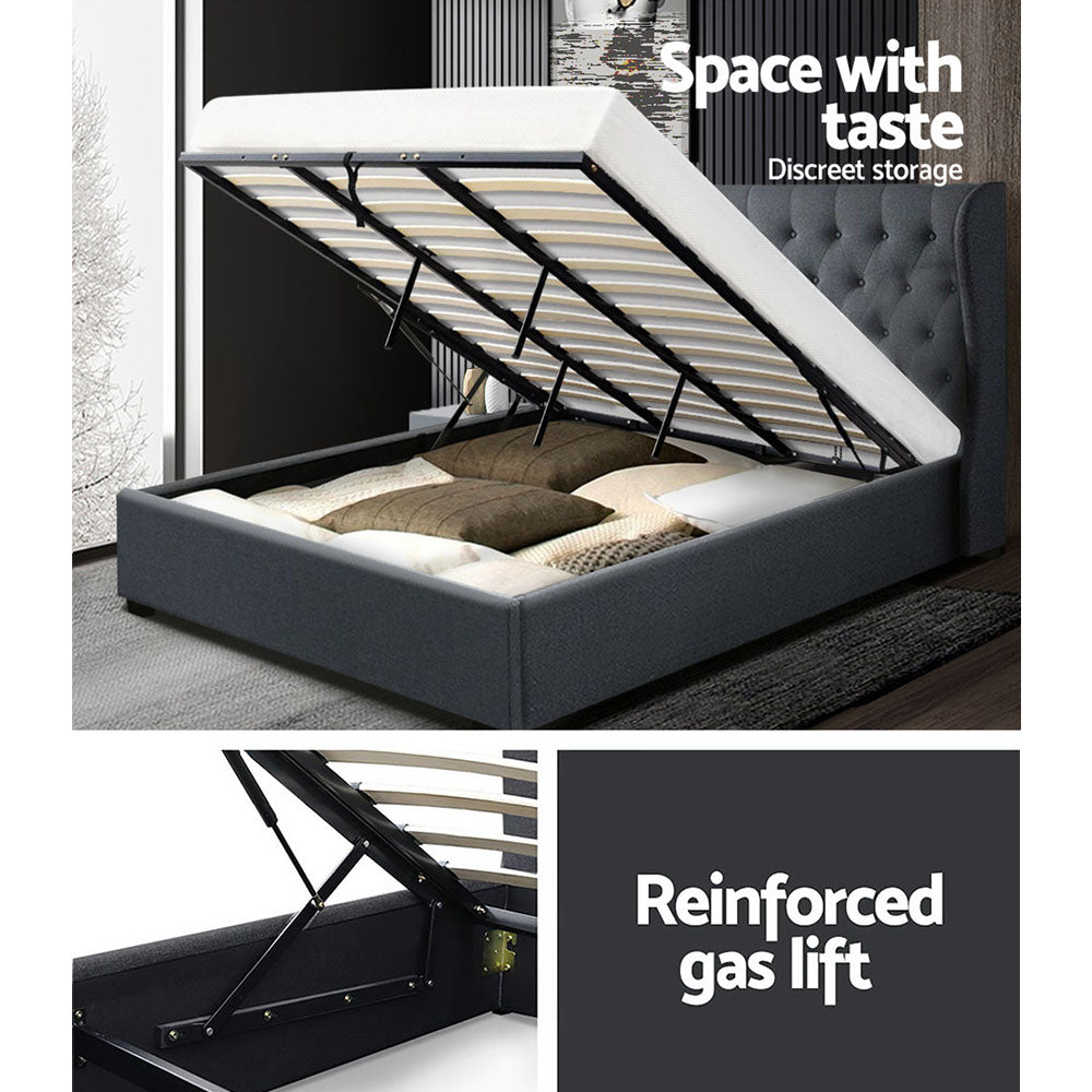 Issa Bed Frame Fabric Gas Lift Storage - Charcoal King