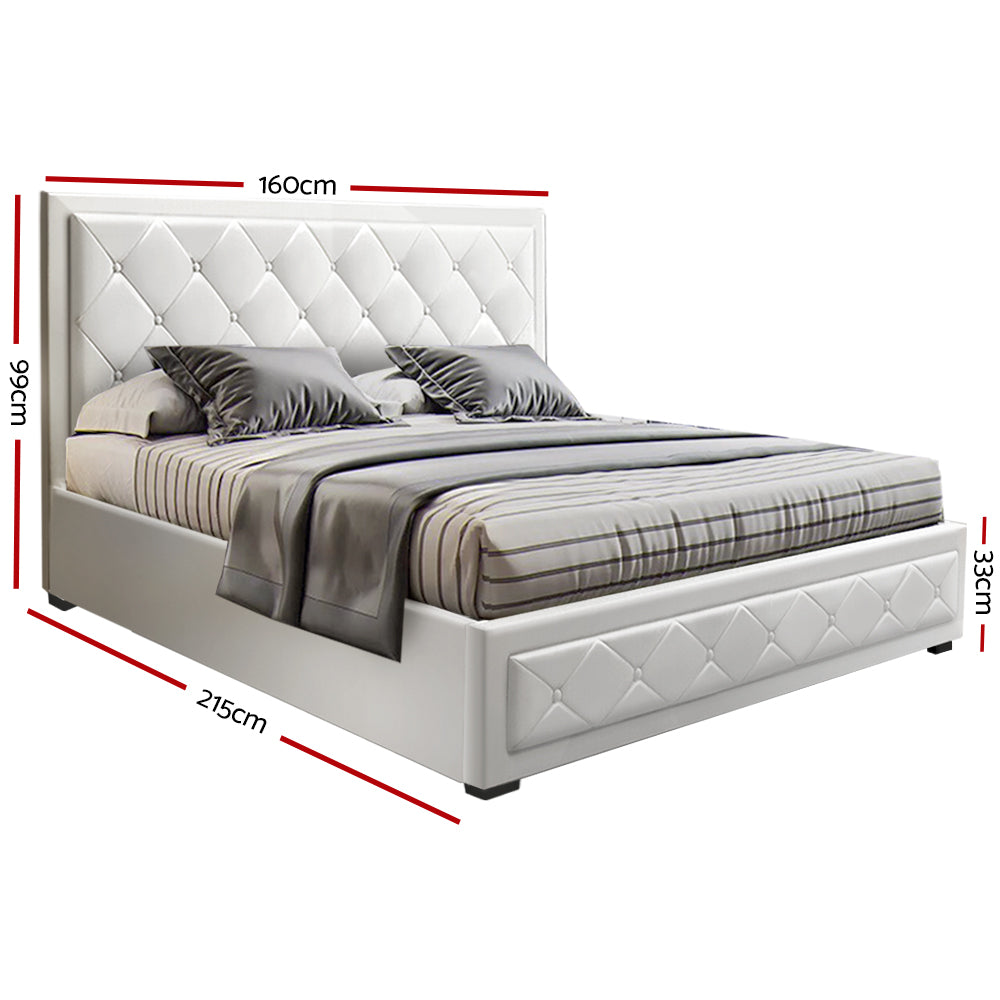 Tiyo Bed Frame PU Leather Gas Lift Storage - White Queen