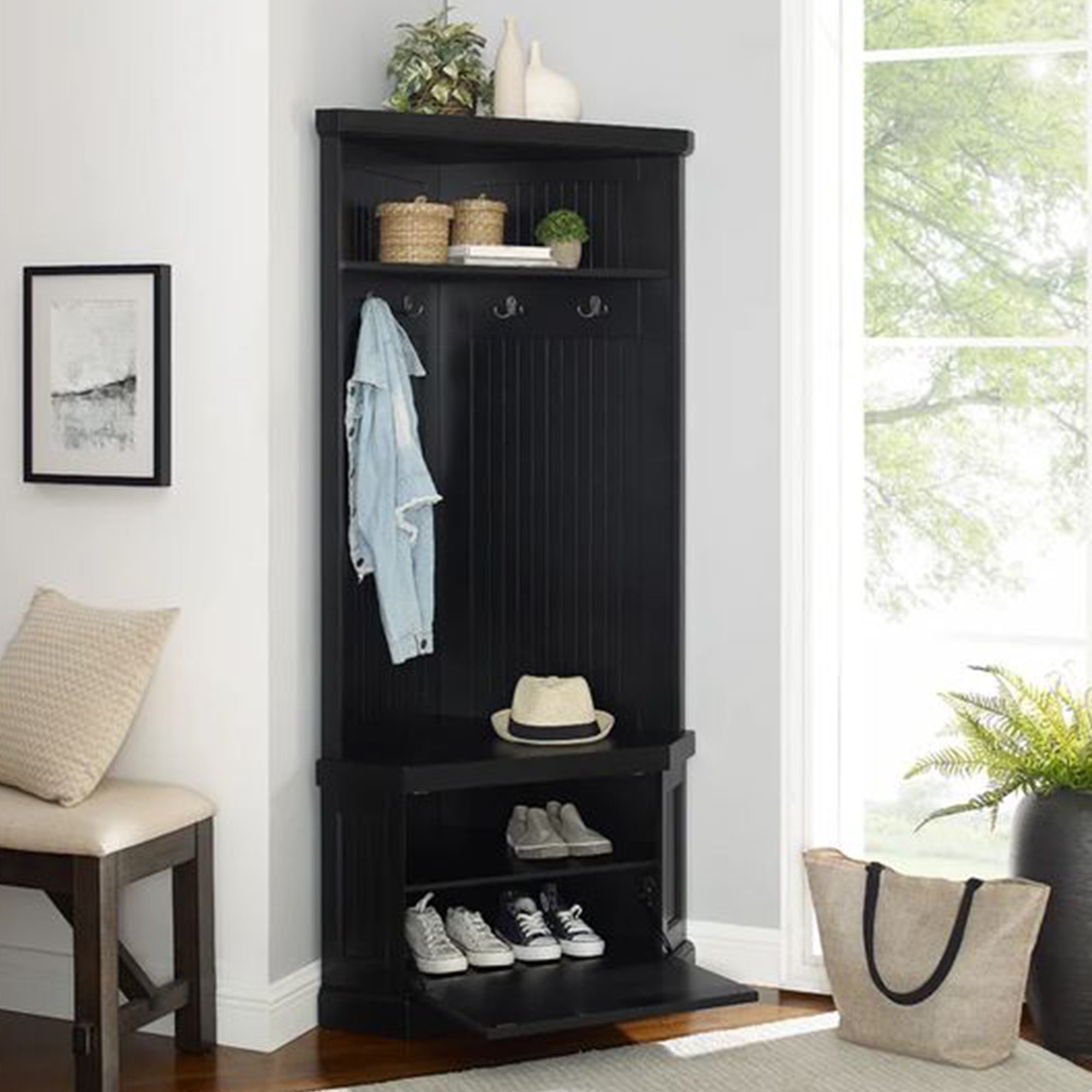 Carlo Corner Hall Tree Coat Rack Shoe cabinet Distressed Black Fast shipping On sale