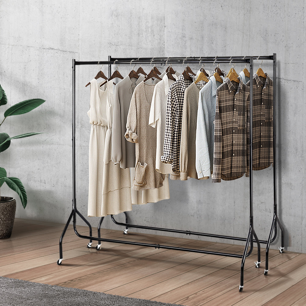 Set of 2 Clothes Racks Metal Garment Coat Hanger Display Rolling Stand Shelf Portable